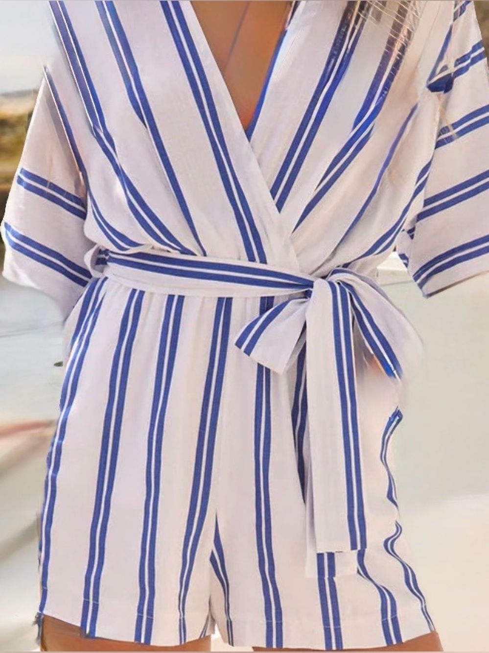 NEW VICI Blue and White Striped Wrap Romper with Tie Waist